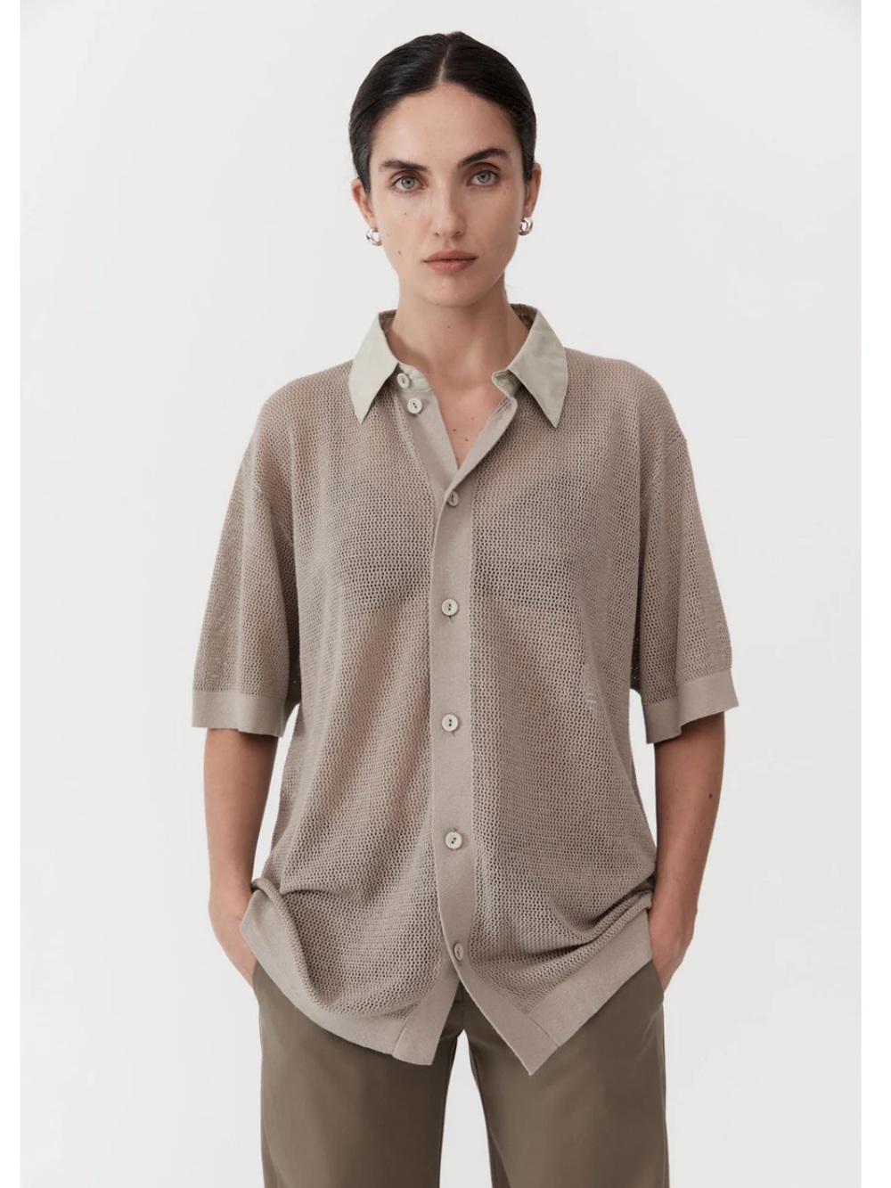 St Agni. Mesh Short Sleeve Shirt in Fog